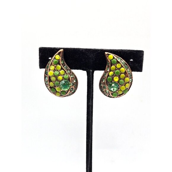 Ton Pascal Paris Vintage Shades of Green Crystal Glass and Copper Clip Earrings - Picture 5 of 9